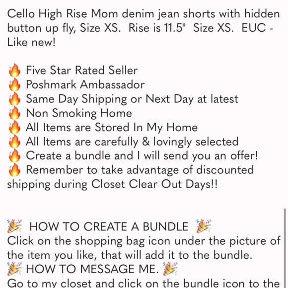 Cello High Rise Mom denim jean shorts with hidden button up fly, Size XS. - Picture 13 of 13